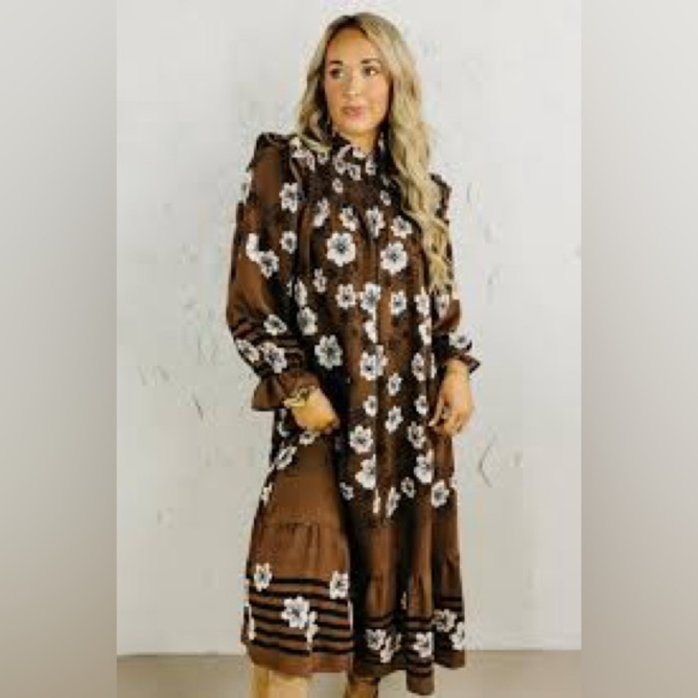 456 - Umgee NWT Brown and Black Floral Long Sleeve Dress, Size Small - Large
